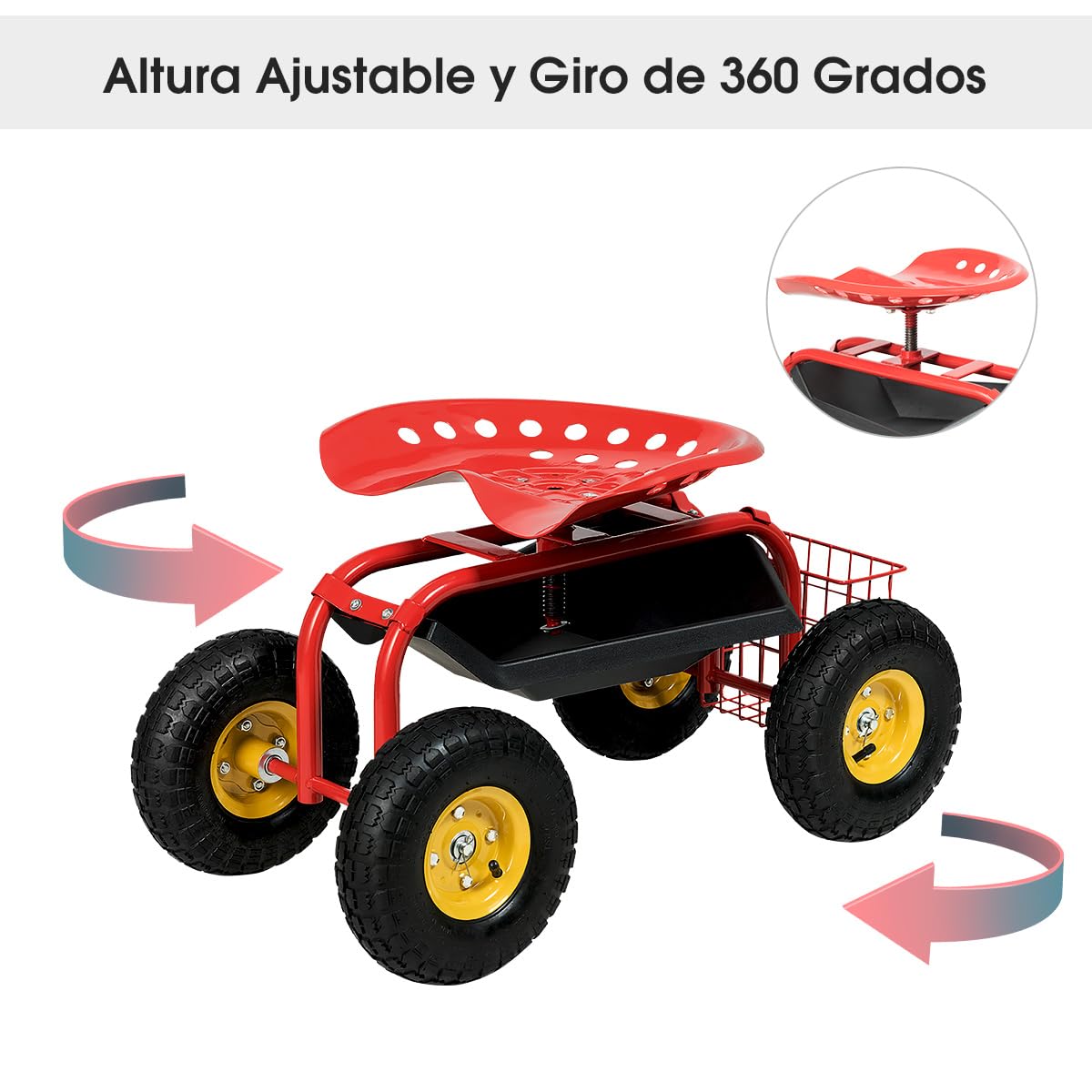 COSTWAY Asiento de Jardín con Ruedas, Taburete Móvil de Trabajo de Jardinería con Altura Ajustable y Asiento Giratorio de 360°, Cesta de Almacenamiento, Carro de Trabajo para Césped, Patio(Rojo)