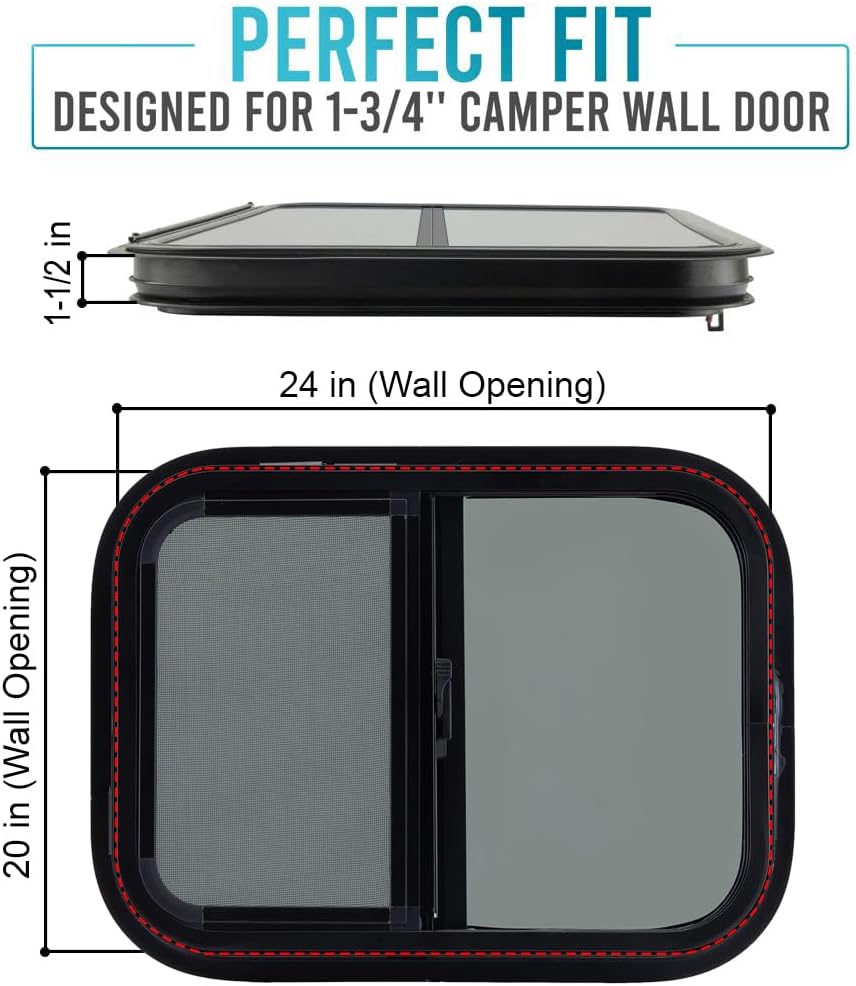 ProFlex RV Horizontal Sliding Window 24" W x 20" H – Heavy Duty Ultra Thick 5mm Tempered Glass, RV Camper Windows Replacement with Trim for 1-1/2’’ Wall Thickness – Easy Installation, DOT Certified