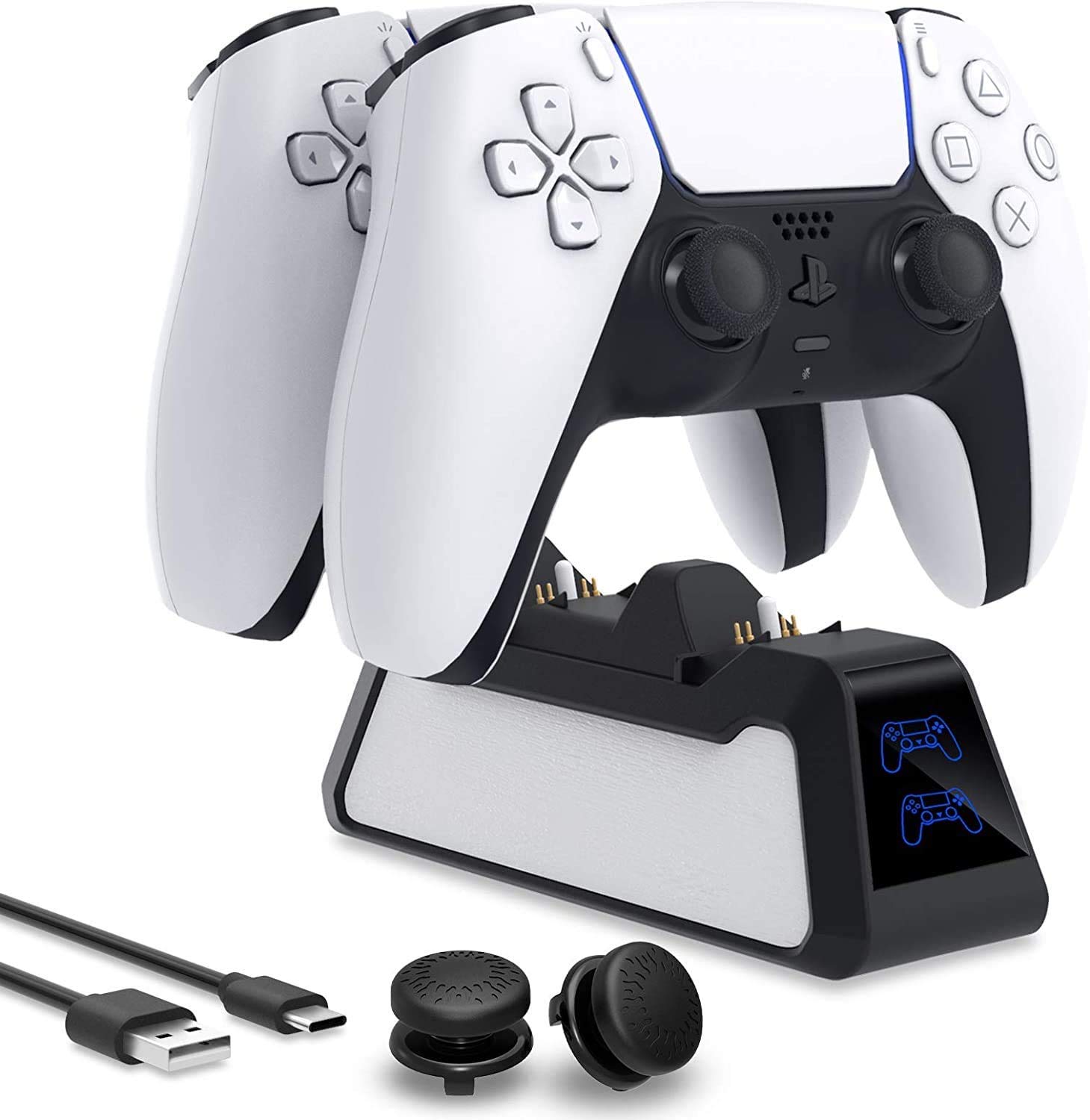 ROCK POW Charger for PS5 DualSense Wireless Controller with Thumb Sticks, Dual Controllers Fast Charging Station with LED Indicator, Charger Station Dock for Sony Playstation 5 Dualsense (Black)