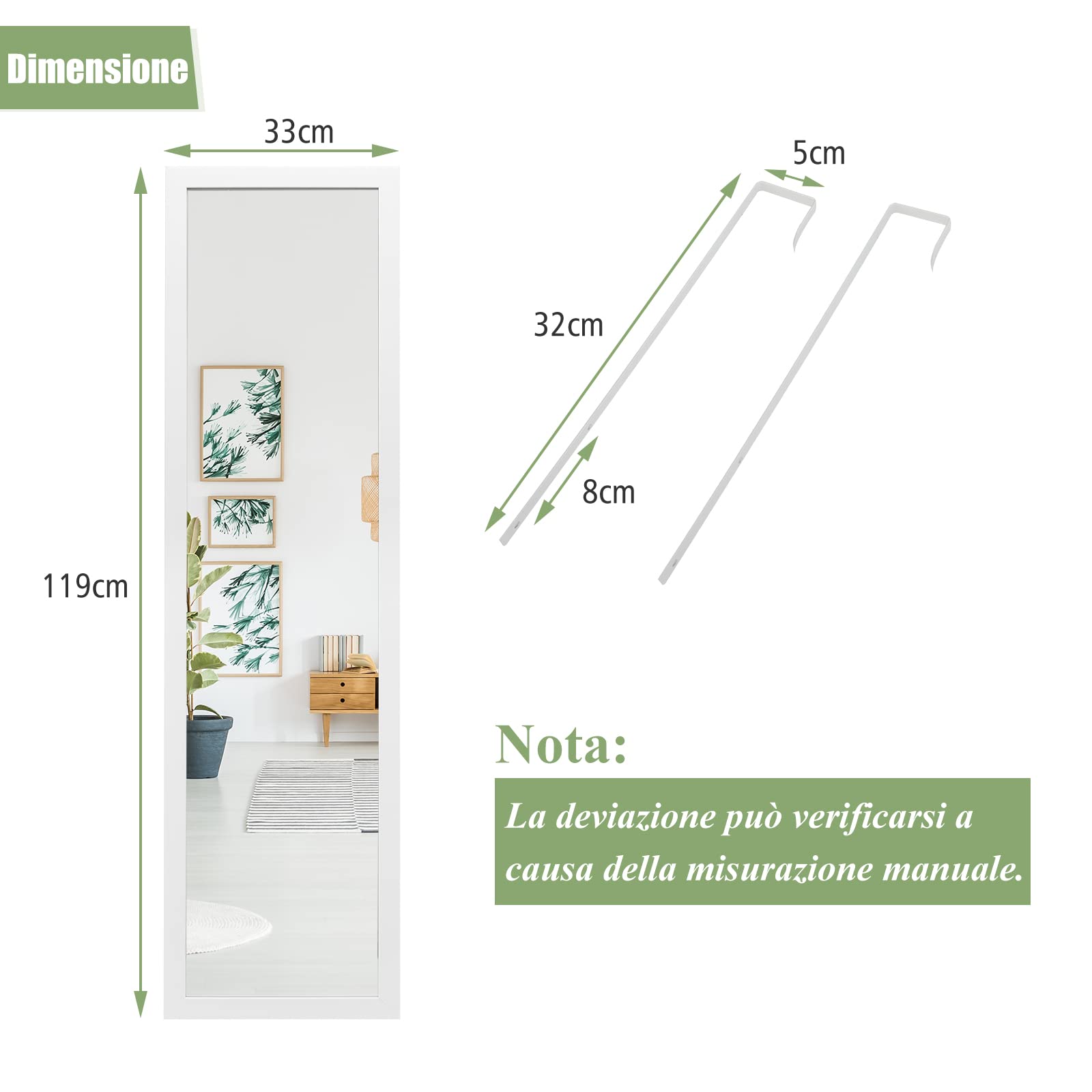 COSTWAY Specchio da Parete Lungo, Specchio Rettangolare a Figura Intera Sopra la Porta con Ganci per la Porta, Ideale per Camera da Letto Soggiorno Ingresso, 33x119 cm (Bianco)