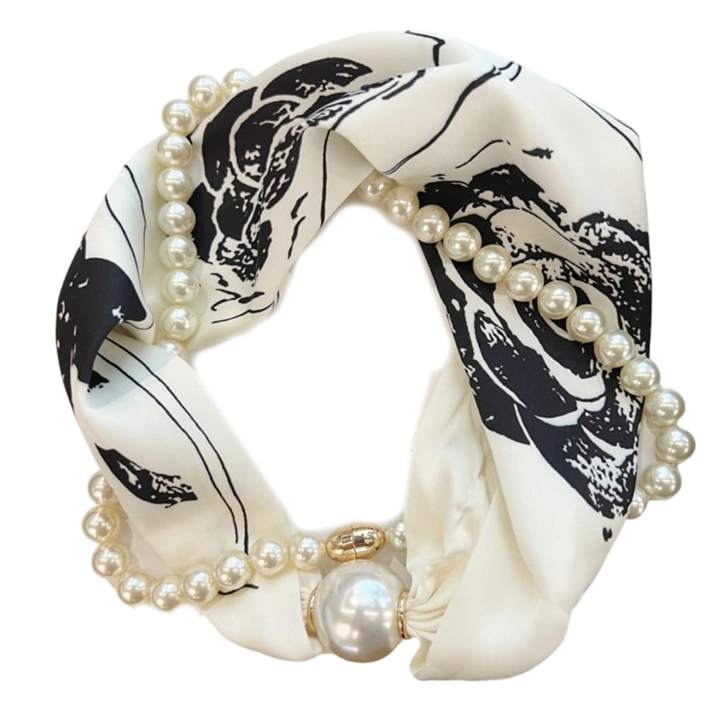 QUEENYARD Women Scarf, Magnetic Clasp Pearls Chain Necklace Floral Satins Scarf Elegant Silk Skinny Narrow Neckerchief for Fashionable Women