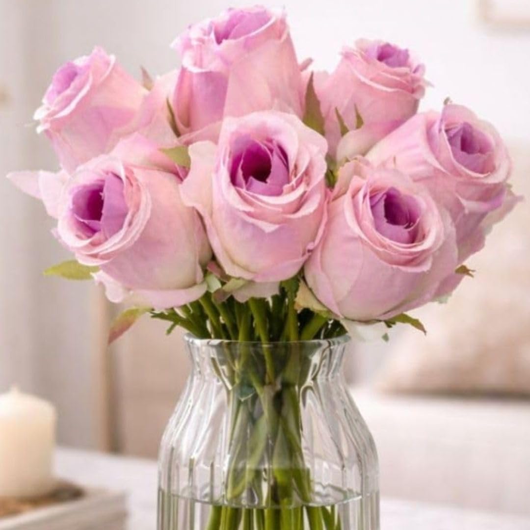 SATYAM KRAFT 1 Bunch Artificial Rose Flower (ONLY Flower NO VASE) for Home Decor, Office, Bedroom, Balcony, Living Room, Table Decoration Items (Pack of 1 Bunch, 7 Heads in 1 Bunch) (Pink) Fabric-image-28