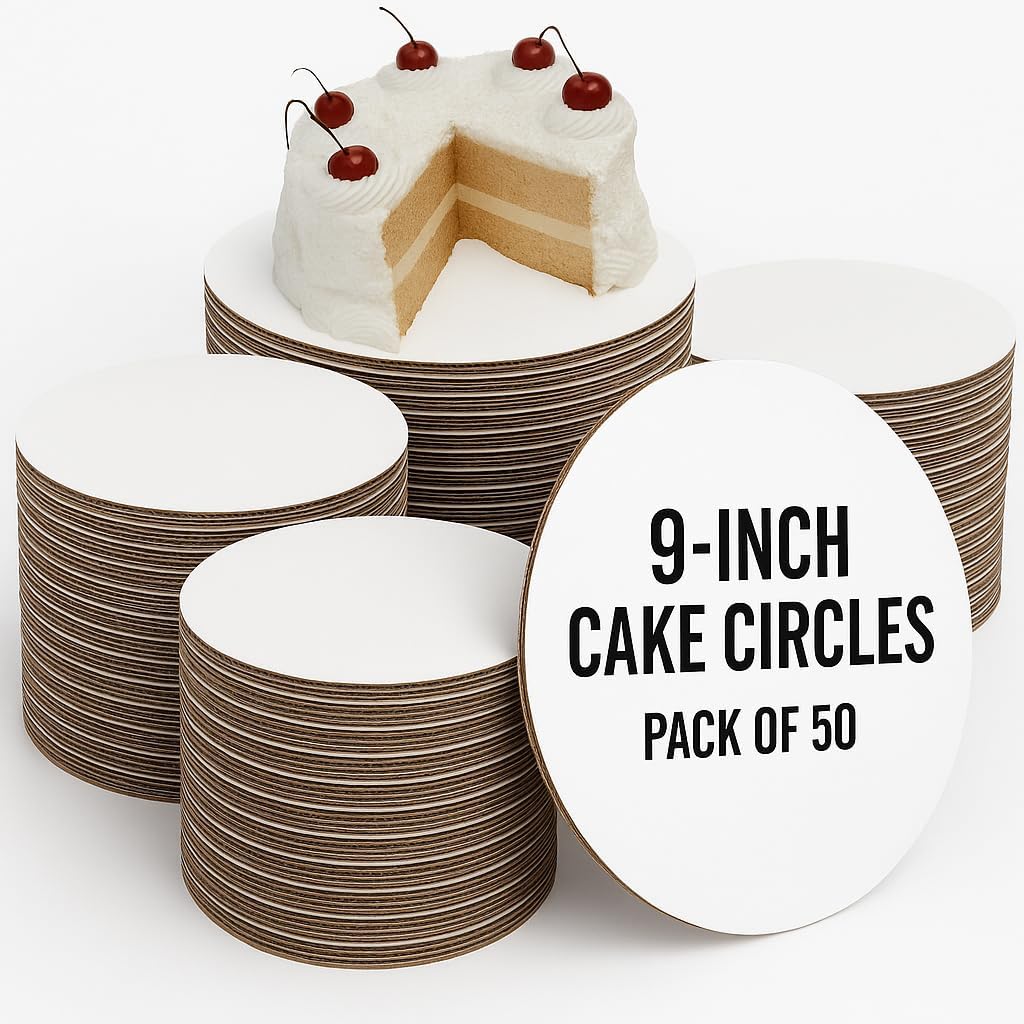 9 Inch Cake Circles (Pack of 50) – Round Corrugated Cardboard Cake Boards – Greaseproof, Food Safe, Heavy Duty Disposable Bases for Baking, Pizza & Pies