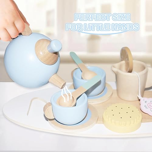 Miniatura 4 de Juego de fiesta de té de madera para niñas pequeñas, 28 piezas de juguetes de madera con soporte para cupcakes y accesorios de juego de simulación
