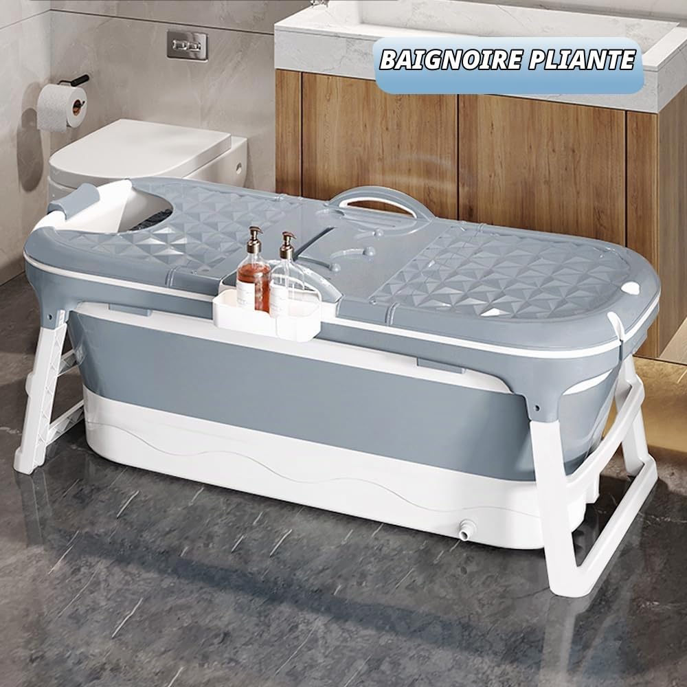 Baignoire Pliable et portable pour adulte - Avec couvercle amovible, panier à savon et rouleau de massage - Taille L -118 * 60 * 53cm - Convient pour petite salle de bain (Gris)