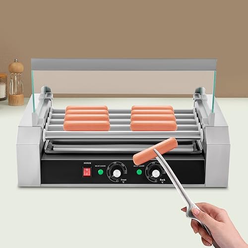 Máquina para hacer perros calientes, capacidad para 12 perros calientes, 5 rodillos, máquina calentadora de acero inoxidable de 700 W con cubierta y