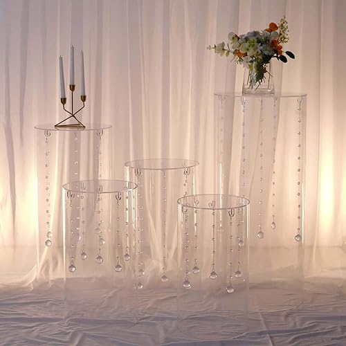 Miniatura 2 de Tableclothsfactory Juego de 5 soportes cilíndricos de acrílico transparente, soporte de pedestal de pilar con ganchos para colgar