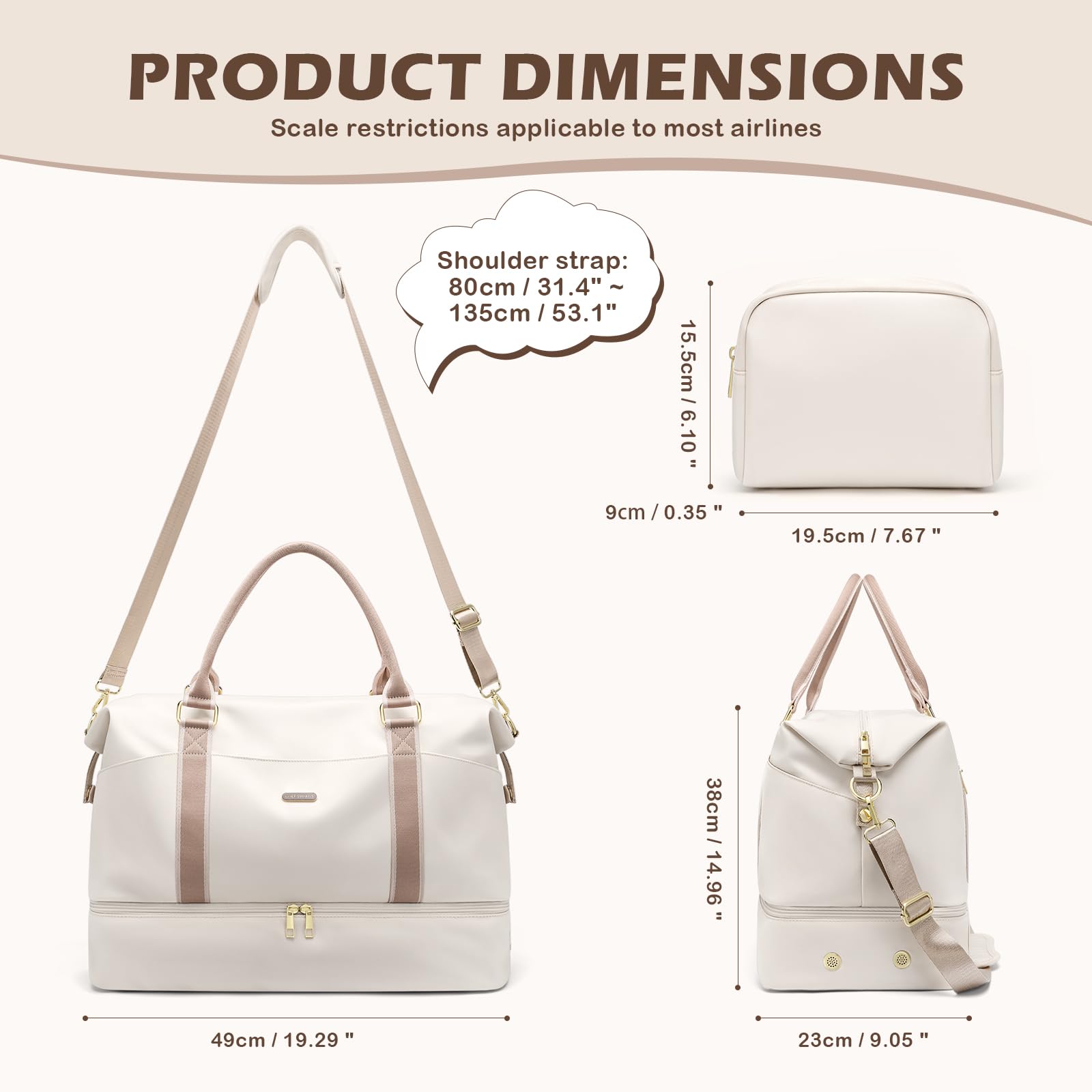 46L Reisetasche Damen, Groß Weekender Handgepäck Tasche mit Kosmetiktasche, Schuhfach & Nassfach, Kliniktasche, Trainingstasche, Sporttasche, für Flugzeug Reisen (Cremefarben)