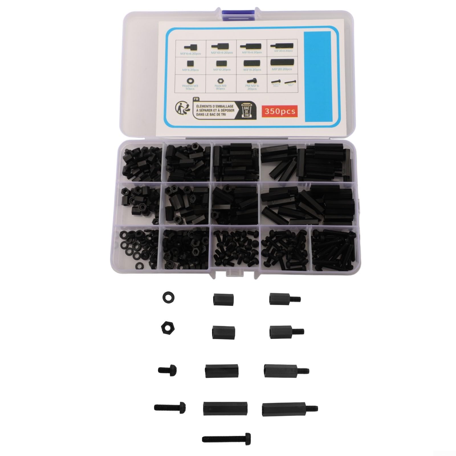 Kit Distanziatori Nylon Nero 350 Pezzi – Esagonali Maschio/Femmina, Viti E Dadi Per PCB Ed Elettronica, Custodia Inclusa