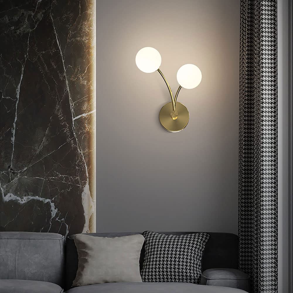 Lampa ścienna, 2 światła kinkiet miedziany lampa ścienna ze szklanym kloszem kuli, wewnętrzna miedziana lampa do montażu na ścianie, lampy ścienne G9 do salonu sypialni przy łóżku