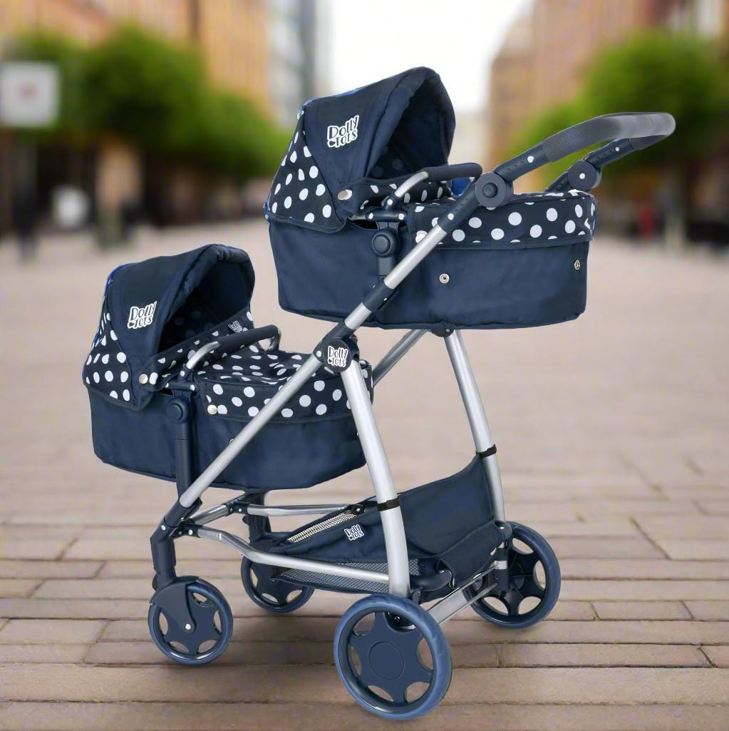 Dolly Tots Passeggino gemellare | Marina Punti Passeggino doppio | Passeggino per bambole doppio con maniglia regolabile e diverse opzioni di seduta | Passeggino pieghevole per bambini | Adatto a