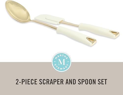Miniatura 2 de Martha Stewart Lockton - Juego de 2 espátulas y cucharas de cocina, utensilios de cocina de acero inoxidable y nailon con asas de lino y detalles