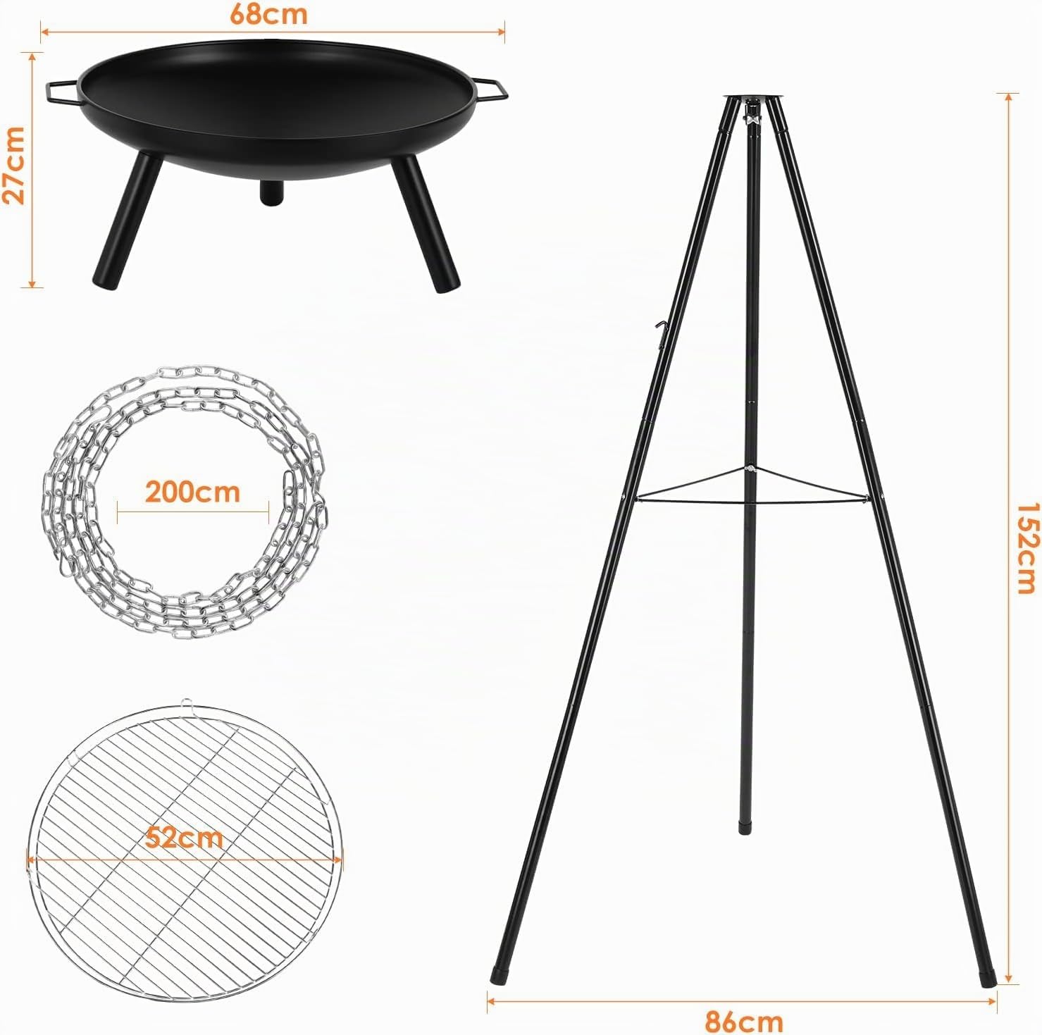 Brasero exterieur avec Gril Suspendu, Ø60cm, Gril Pivotant Barbecue, 200 cm Chaîne Réglable en Hauteur et 152cm Trépied