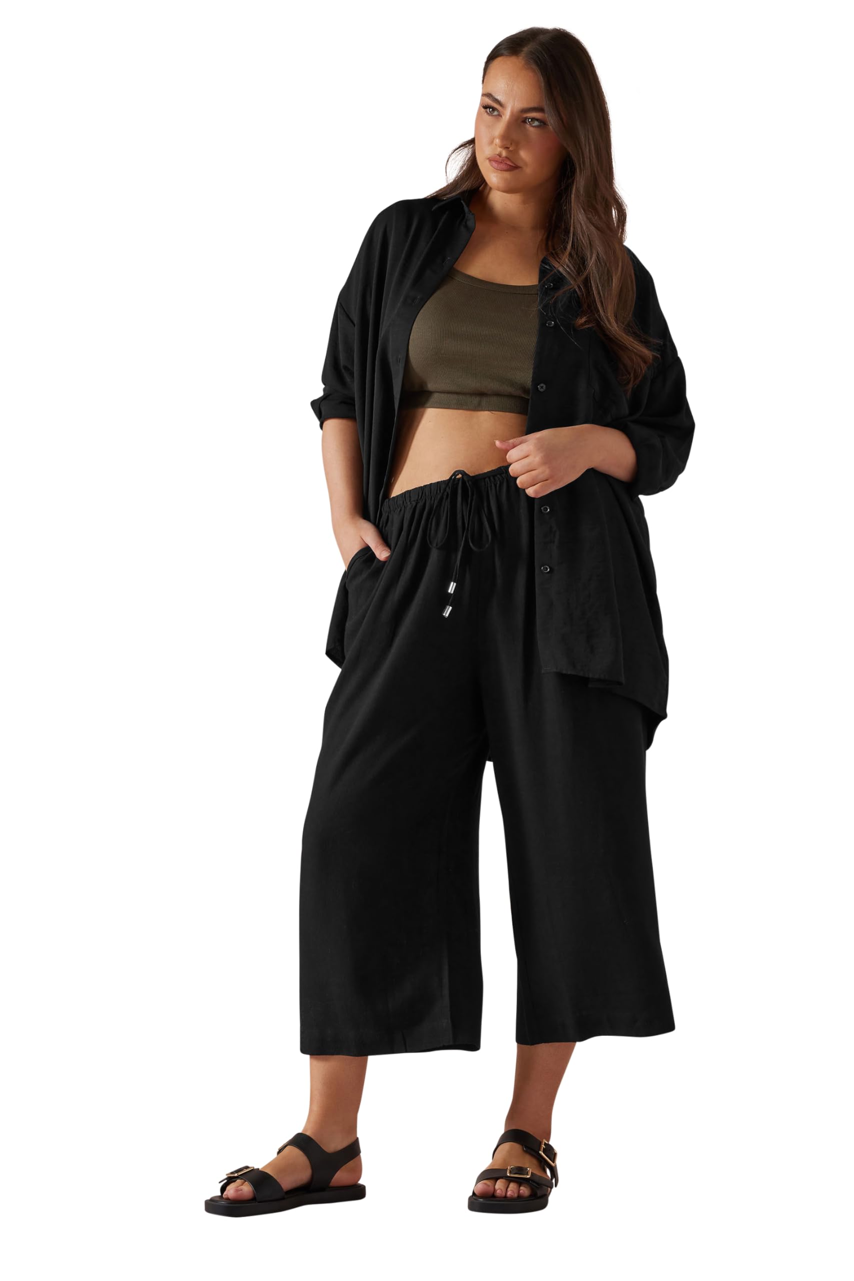 Yours Women's Black Cropped Wide Leg Linen Trousers In | Size: 26-28