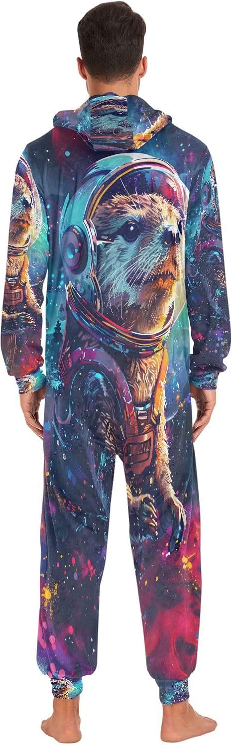 Funny Space Otter Galaxy Adult Onesie Pajamas for Men Women Unisex Novelty One Piece Costume Sleepwear