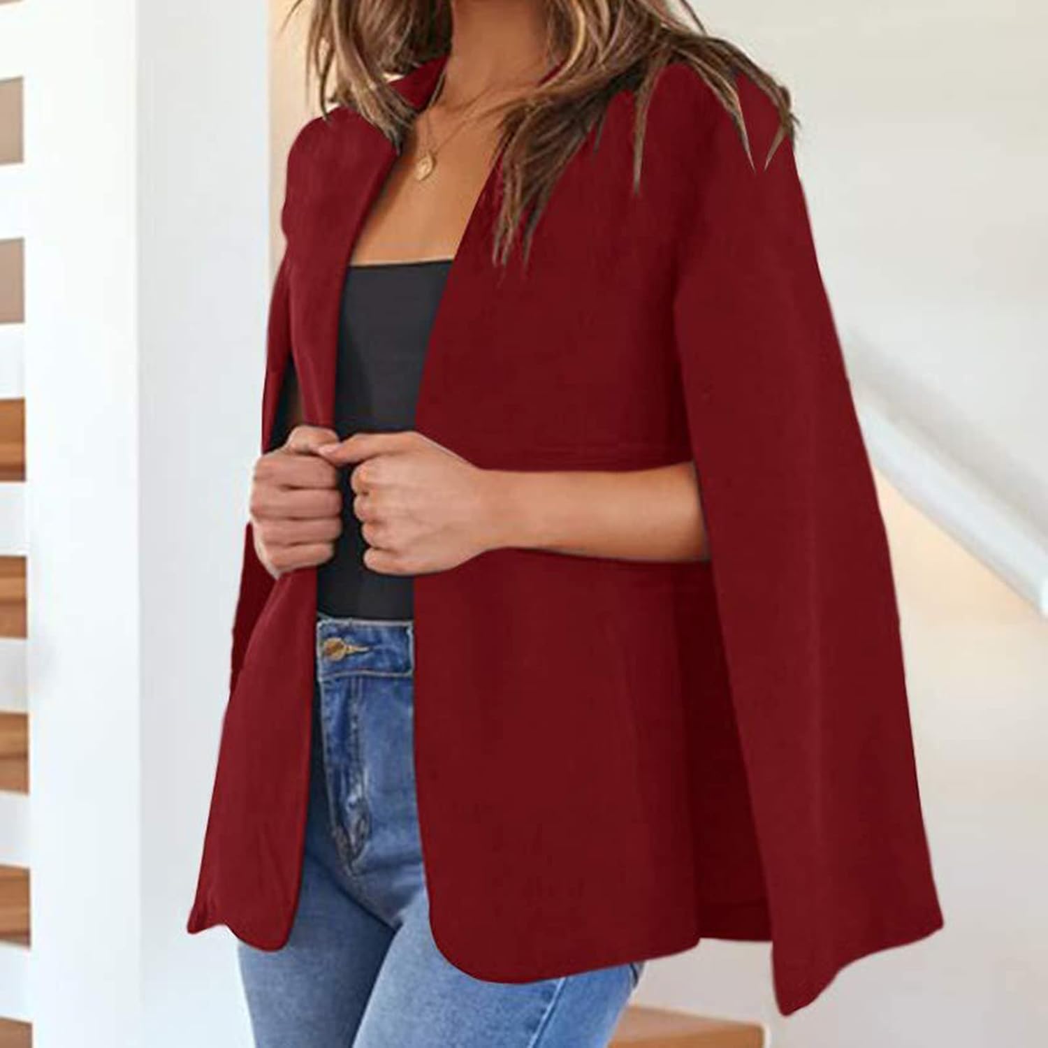 Blazer A Mantella da Donna con Maniche Divise, Aperto sul Davanti, Elegante, Solido, Giacca da Lavoro Professionale per Ufficio, Red, XL