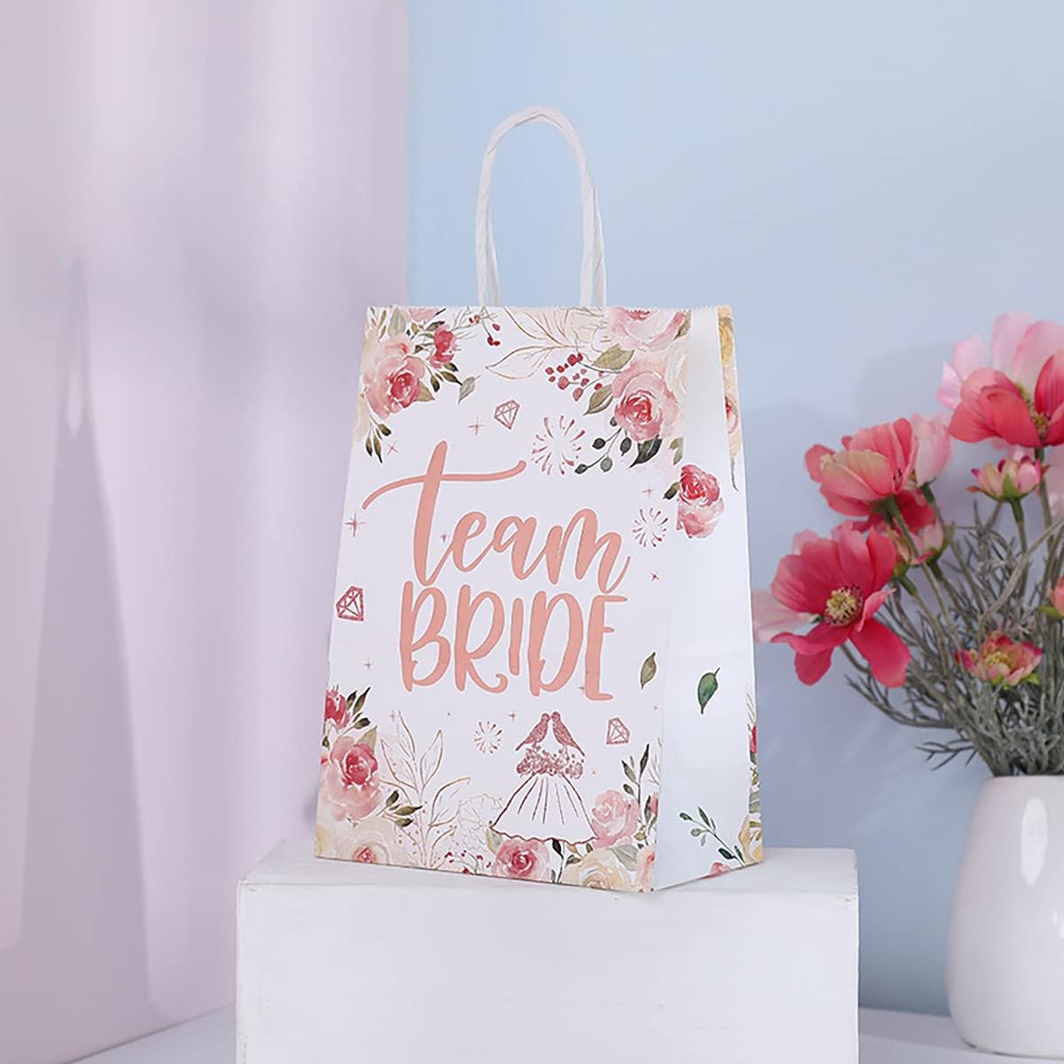 15 Pcs Hen Party Bags Hen Party Gift Bags Rose Gold with Handles Team Bride Paper Bags Floral Team Bride Bags for Wedding Bridal Shower Bachelorette Party (15) - Image 5