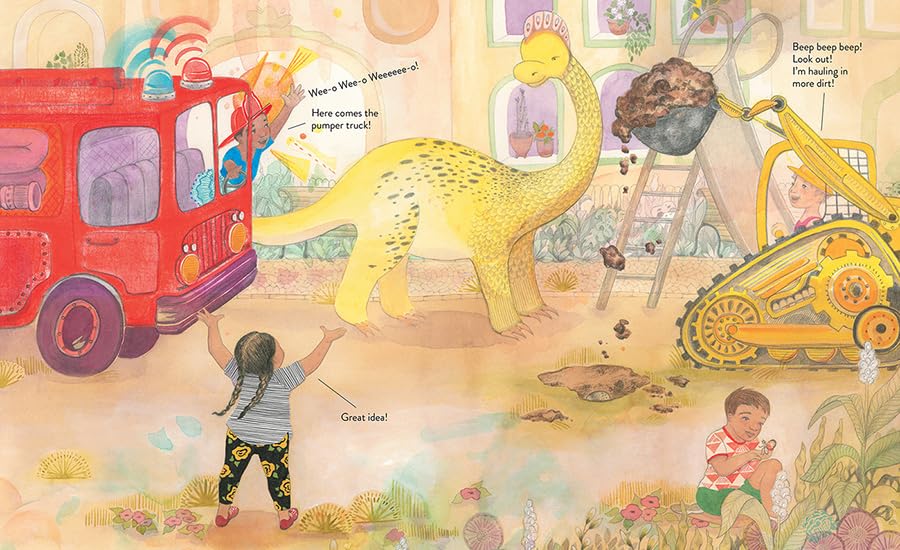 A two-page interior spread from The Dinosaur Seed, featuring a group of children diverse in skin tone, hair color/texture, and body type imagining several things, such as a large yellow long-necked dinosaur, a fire truck, and a earth mover.