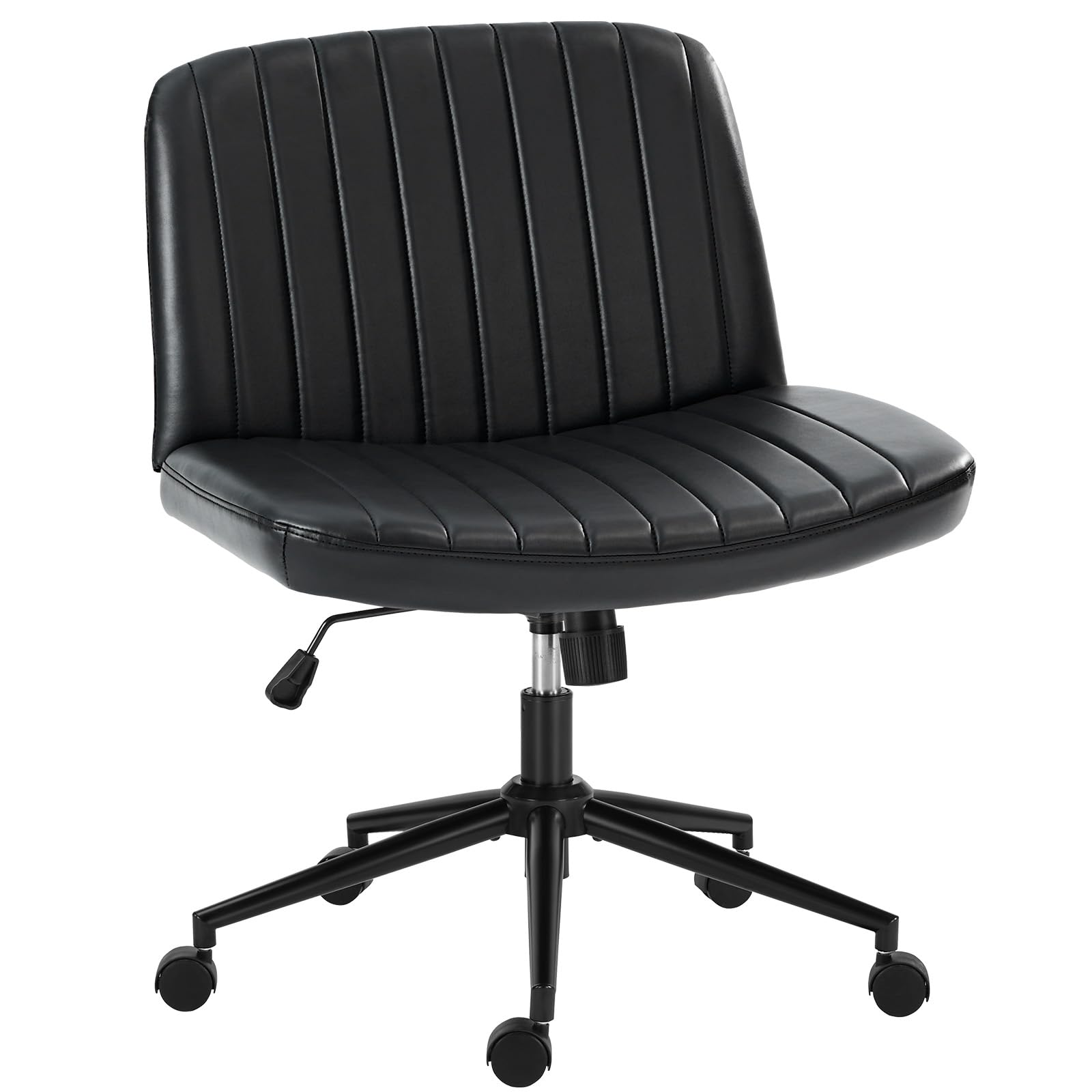 OLIXIS Criss Cross Chair with Wheels Wide Cross Legged Office Desk Vanity Chair Comfy Fabric Armless Adjustable Swivel for Home Computer Task PU Black