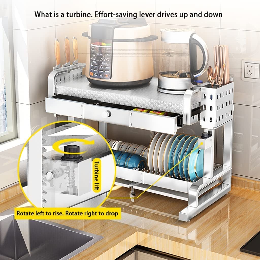 Soporte ajustable de 2 niveles para microondas con cajón retráctil, estante de secado multifuncional y estante de encimera para microondas, resistente y sin sacudidas