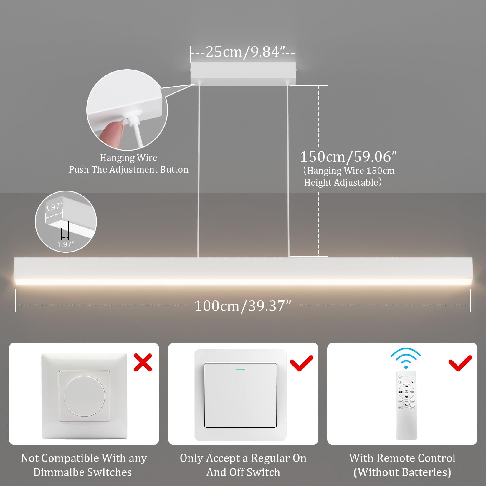 Klighten Led Pendelleuchte Esstisch 100cm/36W, 3000K-6000K Dimmbar Hängeleuchte Mit Fernbedienung, lineare Hängelampe, 150cm Höhenverstellbar Deckenleuchte Für Esszimmer Küche, Weiß