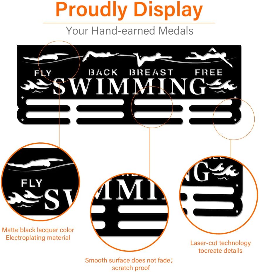 SUPERDANT 4 Style Swimming Metals Holder Display Swimming Fly Back Breast Free Medal Hanger Medals Display Sports Ribbon Wall Mounted Award Holder Gifts for Athletes Kids 15.75x6in