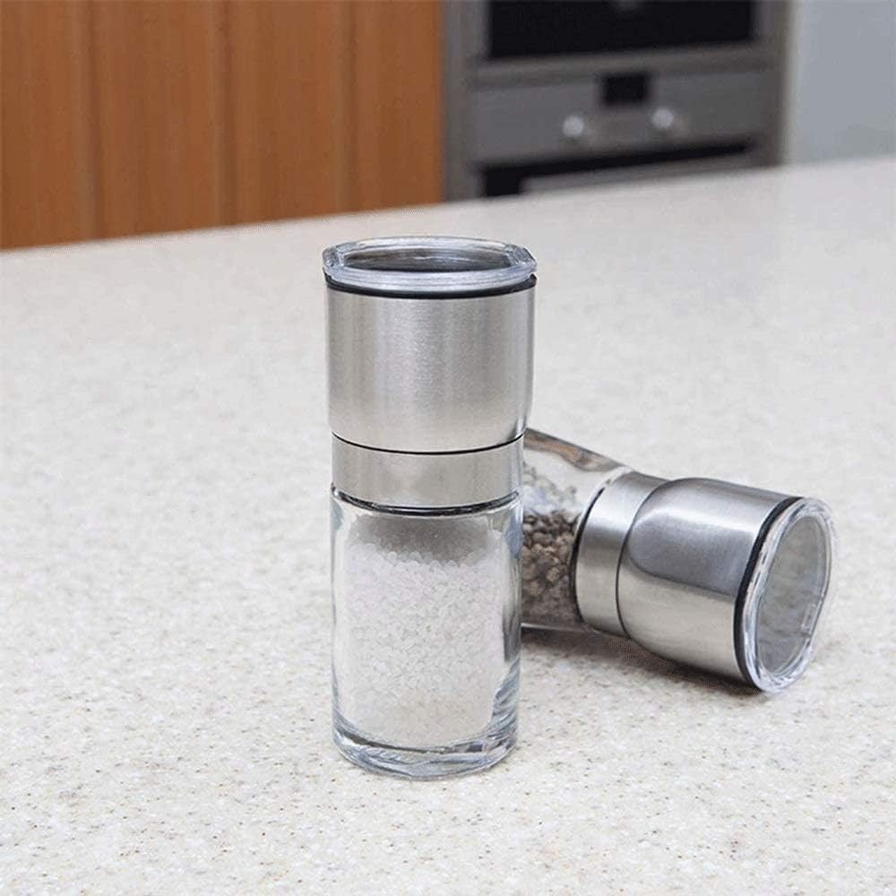 Salt and Pepper Shakers (2 pcs) - Salt and Pepper Grinder Set with Adjustable Ceramic Coarseness - Brushed Stainless Steel and Glass Body Mill Set