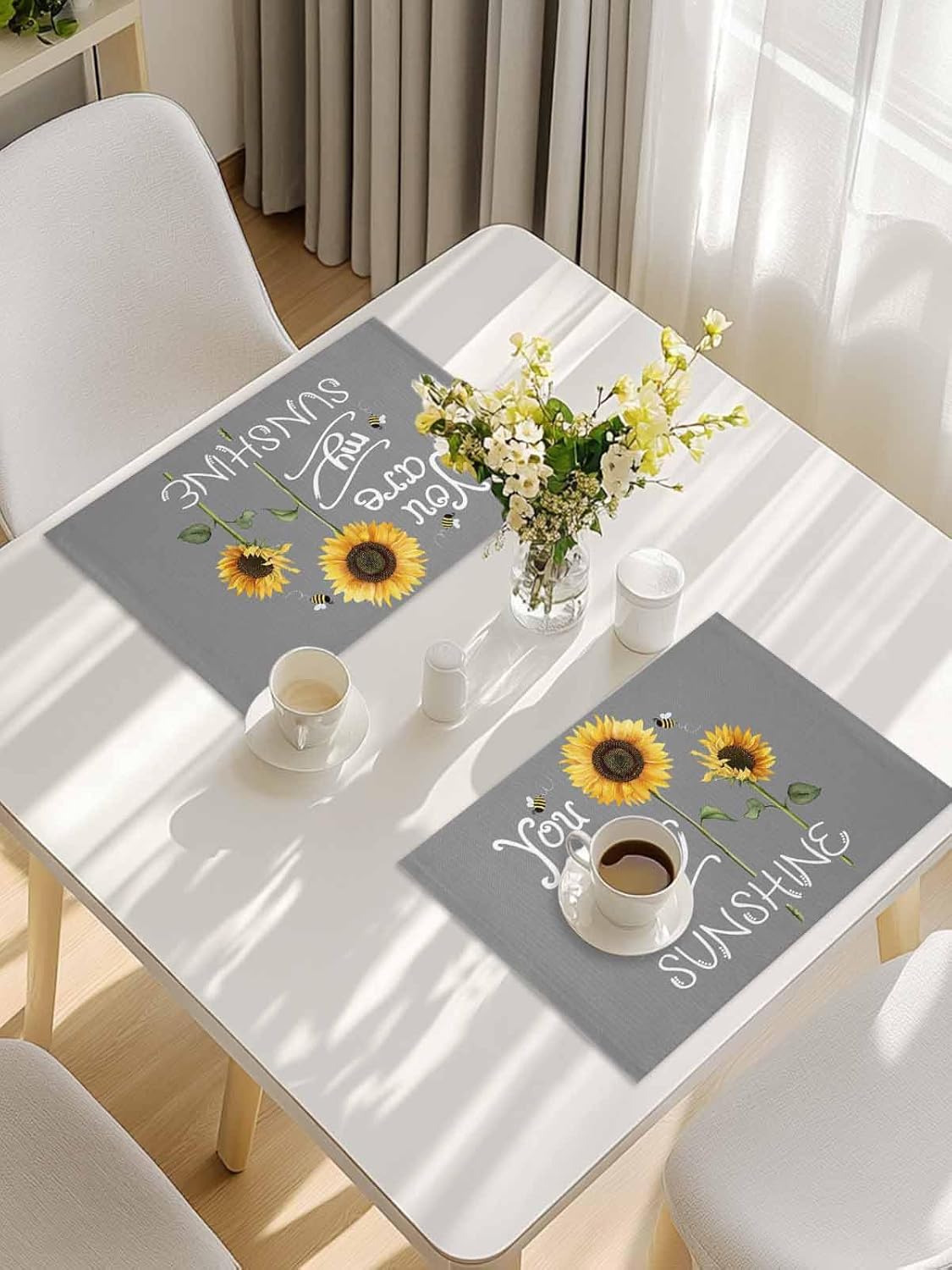 You Are My Sunshine Placemat for Dinning Table Sunflower Placemats Set of 4-Cotton Linen Waterproof Cloth Table Mat-Easy Clean Place Mat,Machine Washable Fabric,Rustic Farmhouse Holiday Dinner Decor
