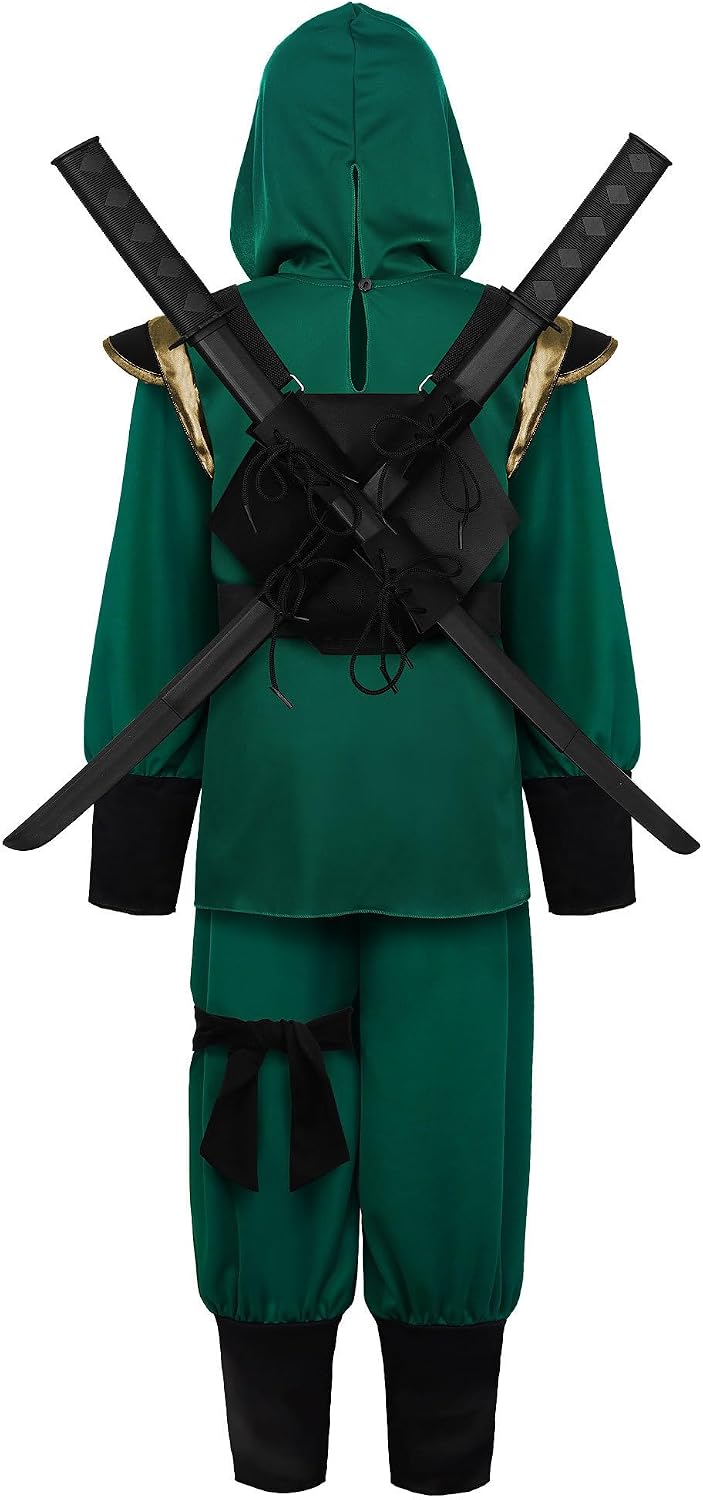 ReliBeauty Green Ninja Kids Costume for Boys suit with Deluxe Ninja Accessories