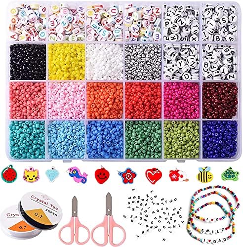 Kit Braccialetti Fai da te,6800 Pz Set Perline per Gioielli Fai da te,Kit Perline Colorate e Lettere,Set Perline Alfabeto+Perline Colorate+Ornamenti da Appendere+Filo elastico+Forbici+Gancio (3mm)
