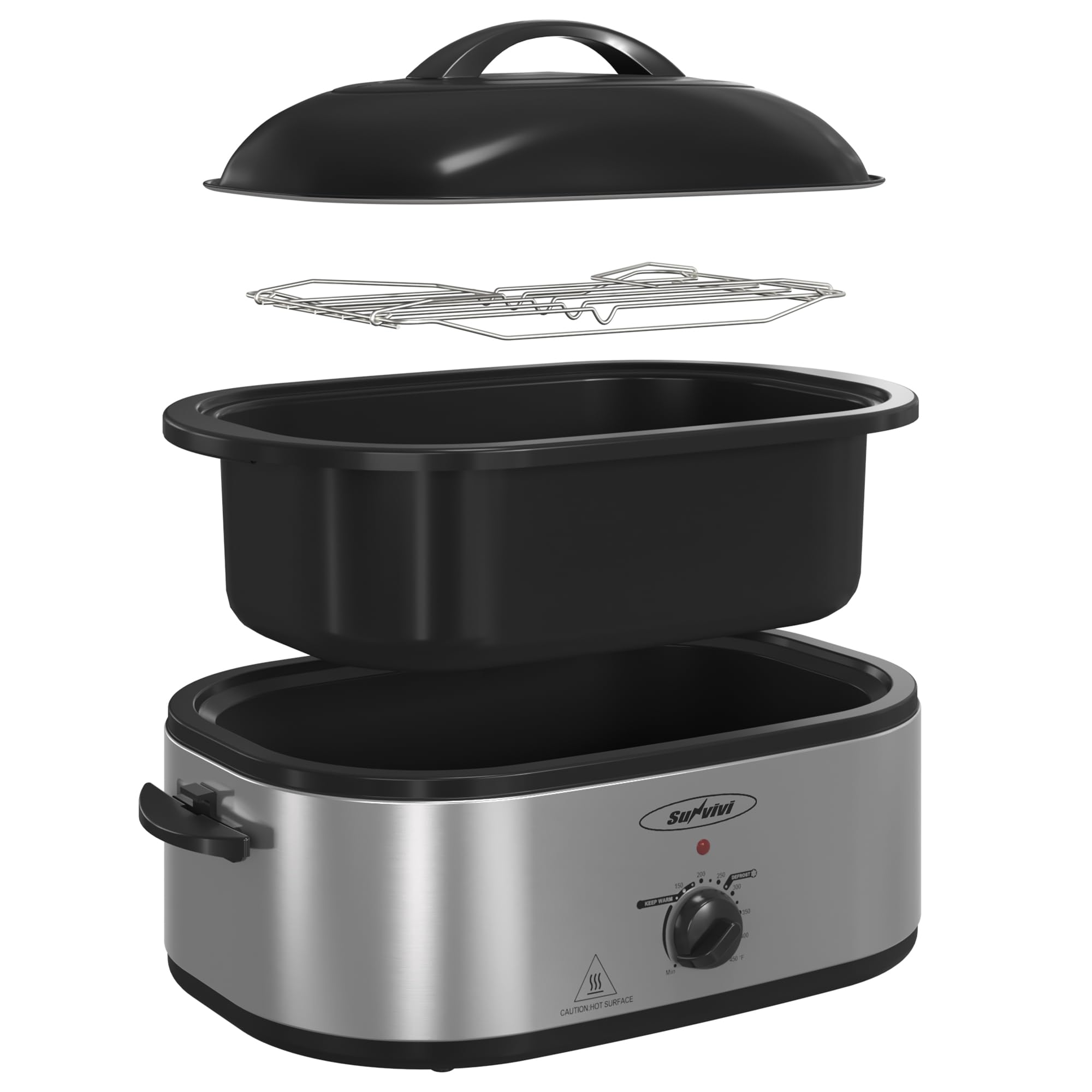 Sunvivi 20-Quart Roaster Oven with Self-Basting Lid, Electric Turkey Roaster Oven with Removable Pan and Rack, Stainless Steel, Sliver