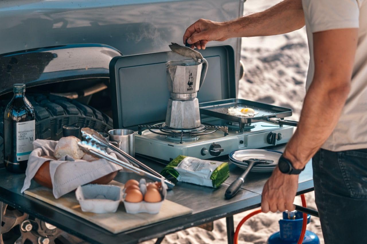 CADAC 2-Cook 3 Fornello da Campeggio Portatile - 30 mBar - Grill da Tavolo a 2 Fuochi con Accensione Piezoelettrica, Termocoppia di Sicurezza, Paravento e Borsa da Trasporto per Cucina all’Aperto