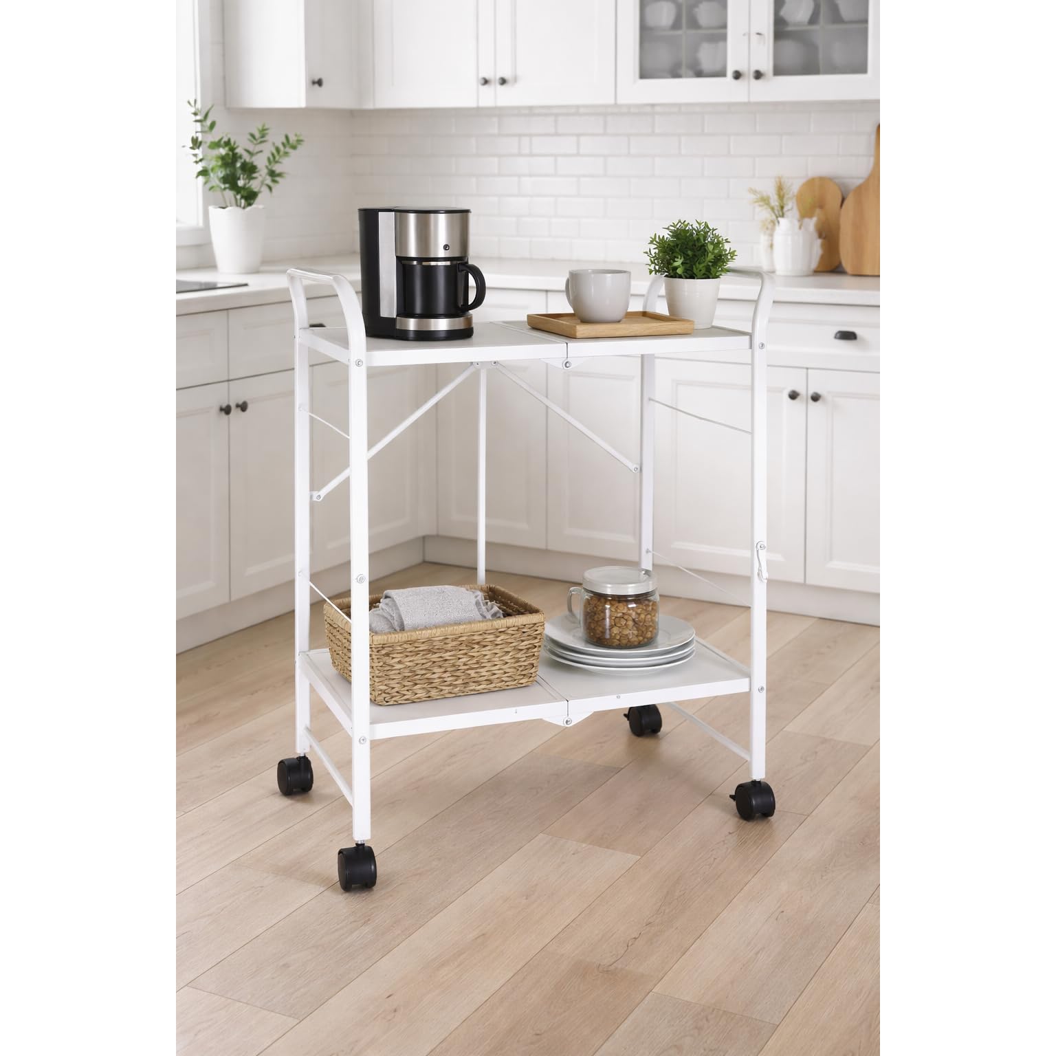 Acomoda Textil - Carro de Cocina Plegable con Ruedas 68x36x85 cm. Carrito Auxiliar con 2 Niveles y Estructura Metálica para Cocina, Baño, Restaurante o Almacenaje