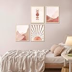 ArtbyHannah Boho Framed Wall Art Set for Bedroom, Bohemia Mid Century Moon Sun Rising Mountains Prints in 11x14 inch Picture Frame for Bathroom, Living Room Decoration(4 Pack, Beige)