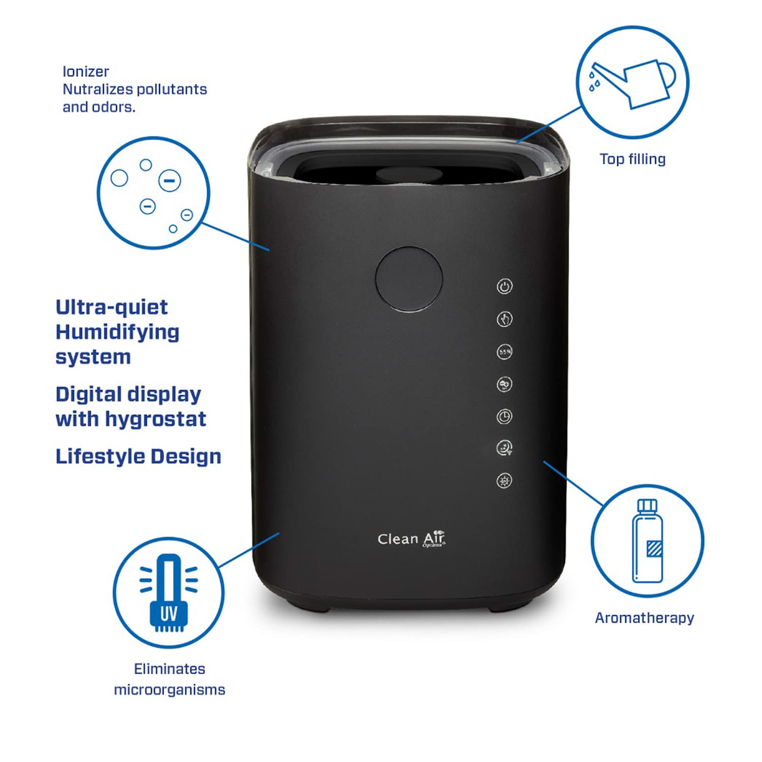 Clean Air Optima CA-604 Smart Top Filling - 3 en 1: Humidificador, purificador de aire y aromaterapia. - Capacidad min.120 ml/h - máx.400 ml/h! - Ideal para habitaciones de hasta 55 m²/140 m³ (negro)
