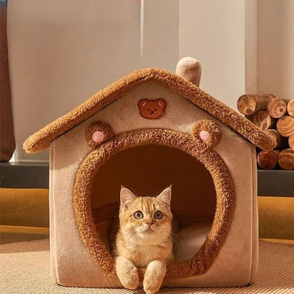 Dog House Indoor Memory Sponge,Bear Shape Small Dog Cave Bed with Removable Cushion Pillow & Foldable Cat House Kennel Bed for Cats & Dogs,Enclosed Cat Bed with Nonskid Bottom (Brown, L:19x15x18in)