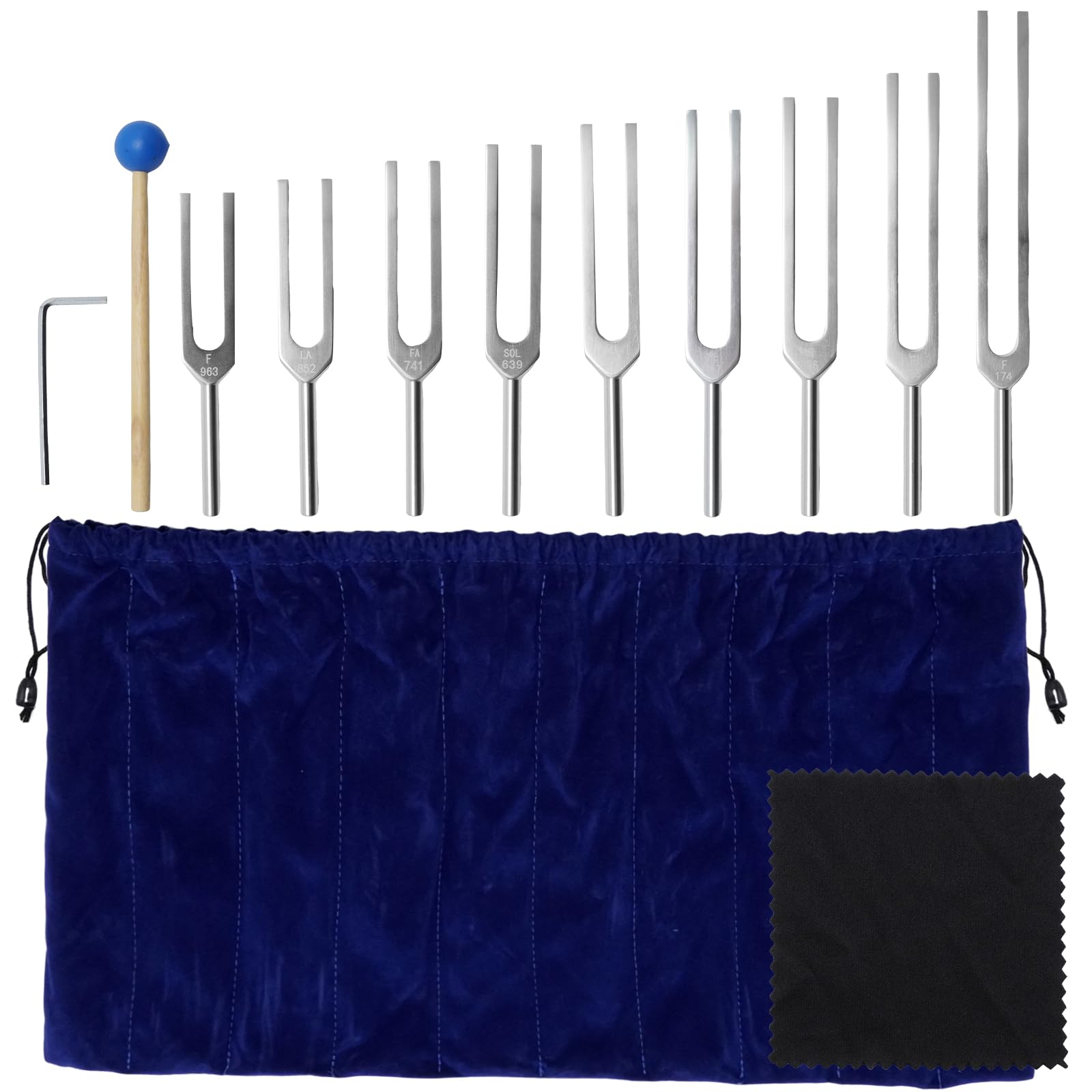 9 PCS Solfeggio Stimmgabel-Set, mit Silikonhammer und Aufbewahrungstasche, 174/285/396/417/528/639/741/852/963 Hz, geeignet für Therapie, Klangheilung und Medizinische Anwendungen