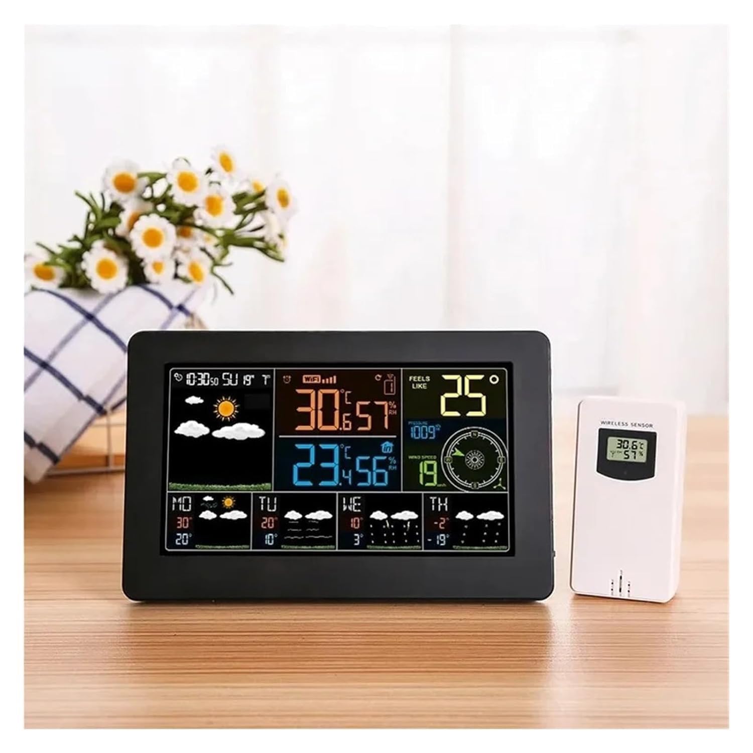 Bezprzewodowa Stacja Pogodowa, Cyfrowa Stacja Pogodowa Z Kolorowym Wyświetlaczem LCD, Z Czujnikiem, Budzik, Monitor Temperatury I Wilgotności, Barometryczna,Prognoza Pogody, Do Domu I Ogrodu