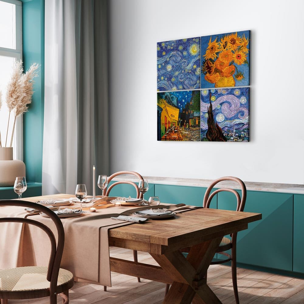 murando - Set di 4 Quadri Fonoassorbenti Vincent van Gogh Notte Stellata e Girasoli 80x80 cm Ciascuno delle Dimensioni di 40x40 cm 4 Pezzi - Quadro Acustico Stampa su Tela Camerretta l-B-0002-b-i