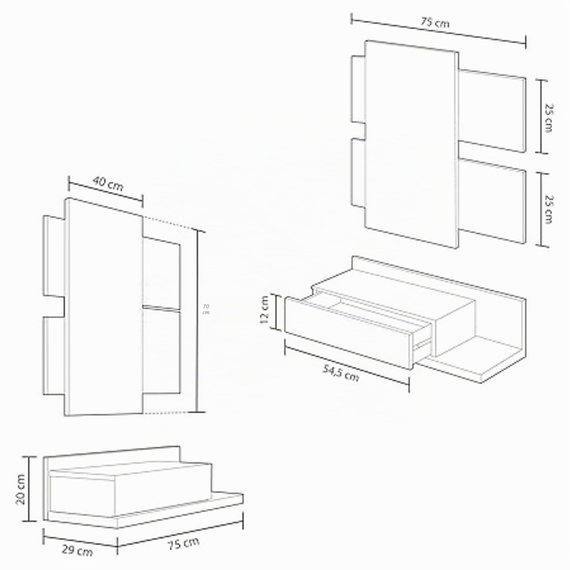 Ingresso con cassetto e specchio, Mobile da Ingresso, Modello Tekkan, Finitura in Bianco Artik e Rovere Canadese, Misure: 75 cm (Larghezza) x 116 cm (Altezza) x 29 cm (Profondità)