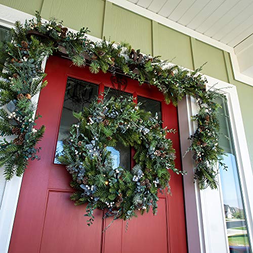 [30 Inch Artificial Christmas Wreath] - Rustic White Berry Collection - Natural Decoration - Pre Lit With 50 Warm Clear Colored Led Mini Lights - Includes Remote Controlled Battery Powered Timer #TOP3
