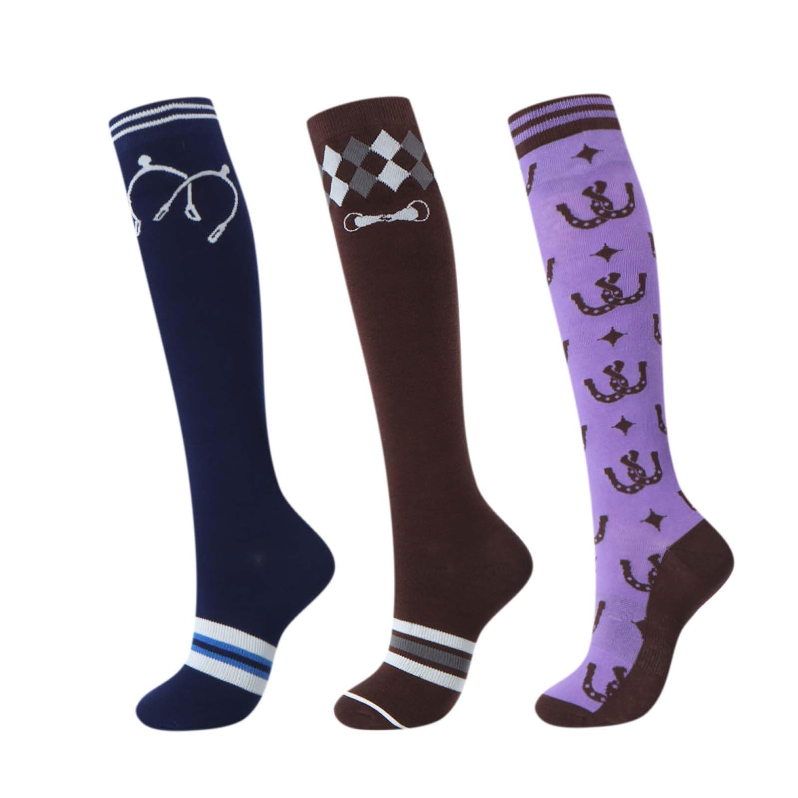 Harrison Howard 3 Pairs Premium Quality Equestrian Riding Socks for Horse Riding &Tall Boot Knee High Socks for Women, Horse Hardware/Coffee Diamond Grid/Purple Horseshoe Print, One size
