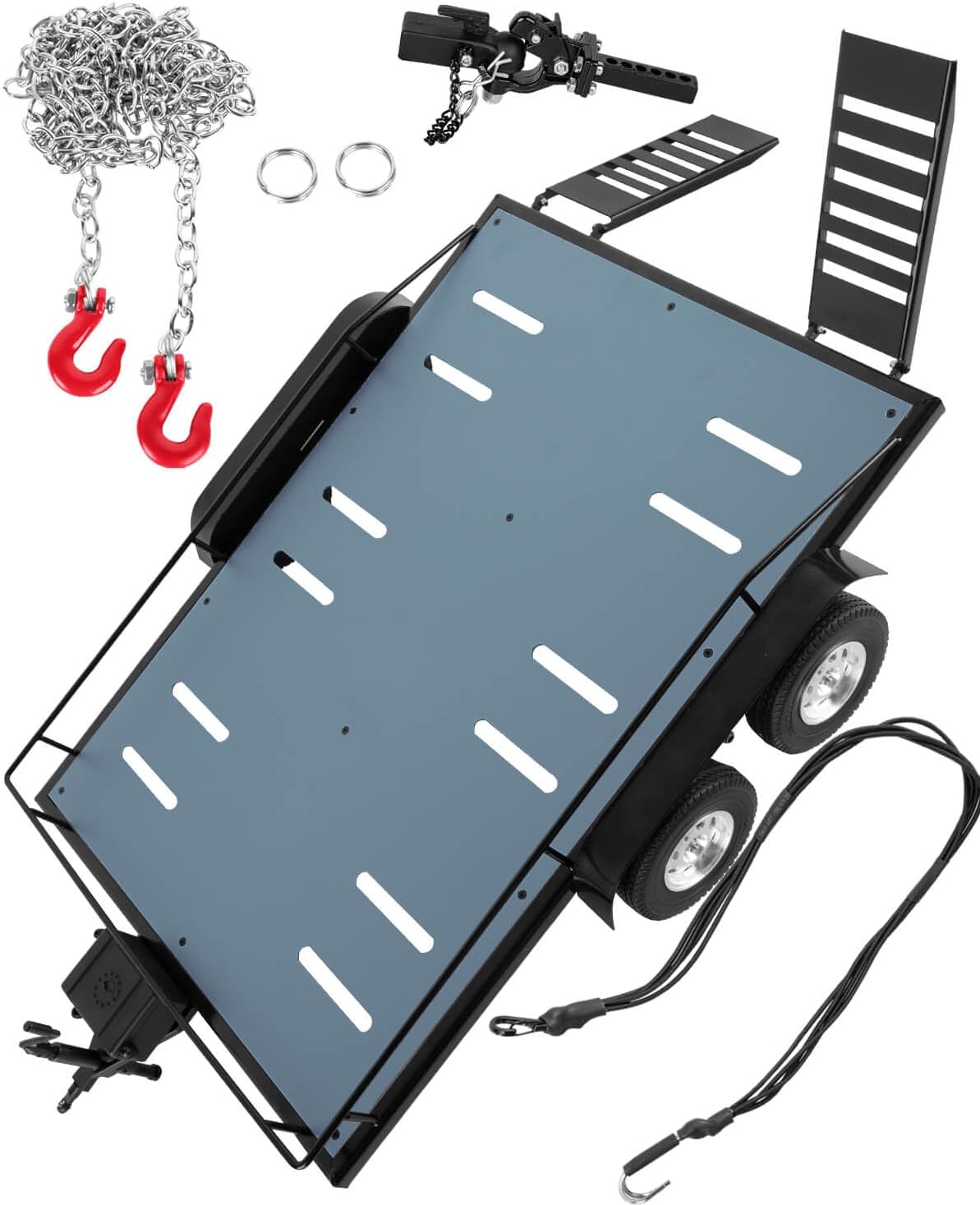 RC Trailer for 1/10 RC Crawler TRX4 TRX6 Redca t Gen8 SCX10,RC Rock Cars Trailer with RC Trailer Hook Coupler Heavy Duty Truck,and 1/10 RC Kinetic Winch Strap,Titanium