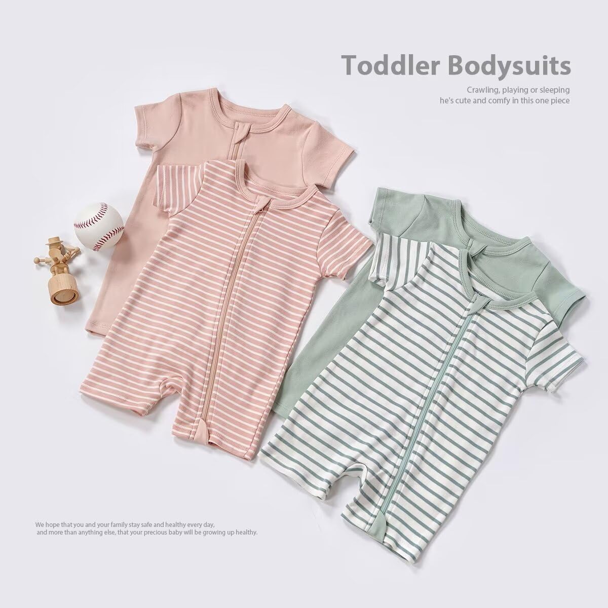 Teach Leanbh Unisex Baby 2 Pack Pajamas Cotton Short Sleeve 2 Way Zipper Stripe Soild Romper Jumpsuit Sleep and Play - Image 8