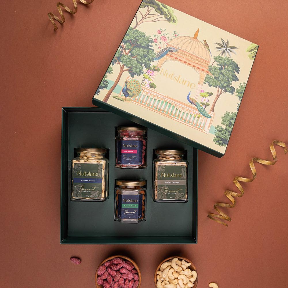 Nutslane Roohani Rakhi Gift Box (540g) | Designer Rakhi, Roli, Chawal, Gift Card & 4 Gourmet Dry Fruits | Paan Raisins, BBQ Almonds, Rose Almonds, Salsa Cashews
