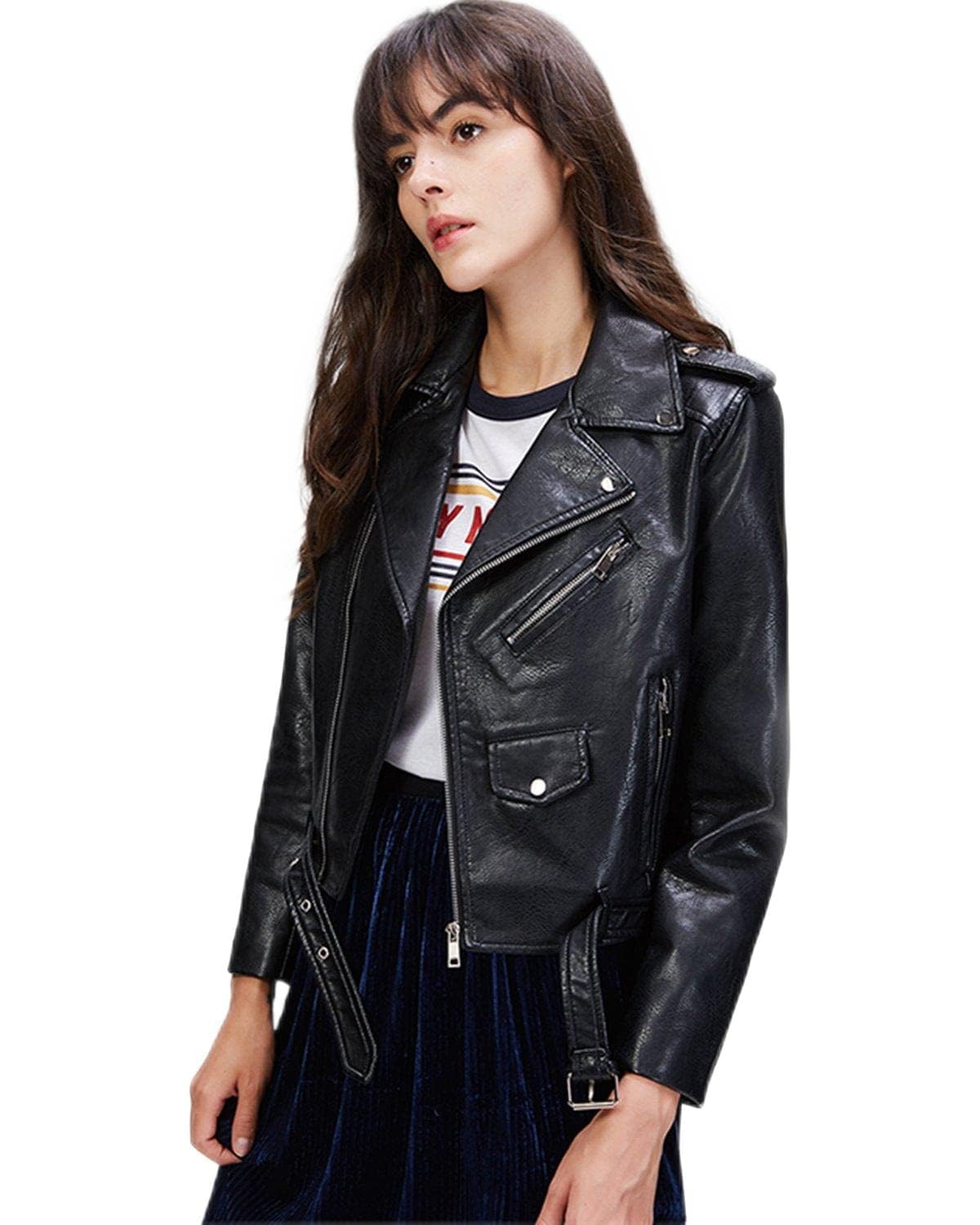 Women's Faux Leather Motorcycle Jacket PU Slim Short Biker Coat