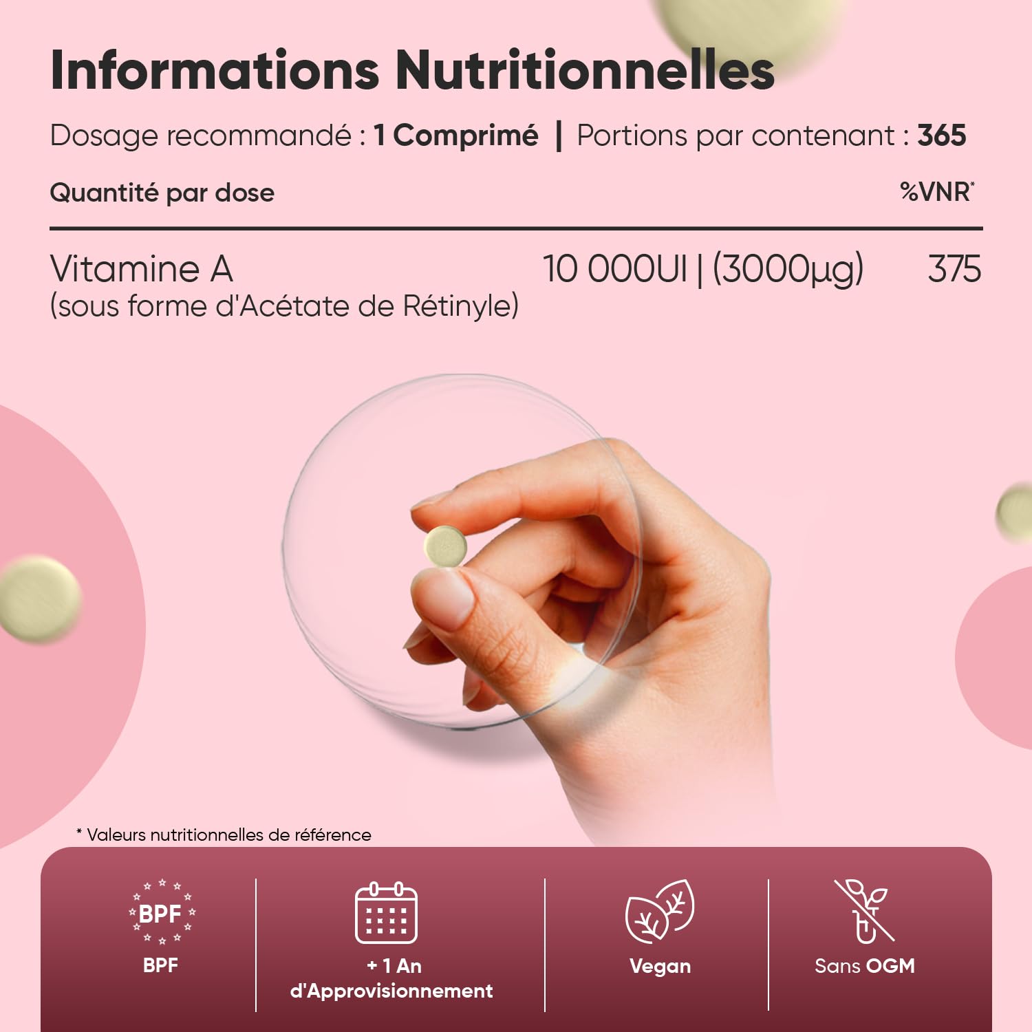 Vitamine A 10 000 UI - 365 Micro Comprimés Vegan - sous Forme d'Acétate de Rétinyle Vitamine A, + 1 An de Stock - 1 Comprimé tous les 3 Jours - Source de Retinol, Beta Carotene, sans OGM