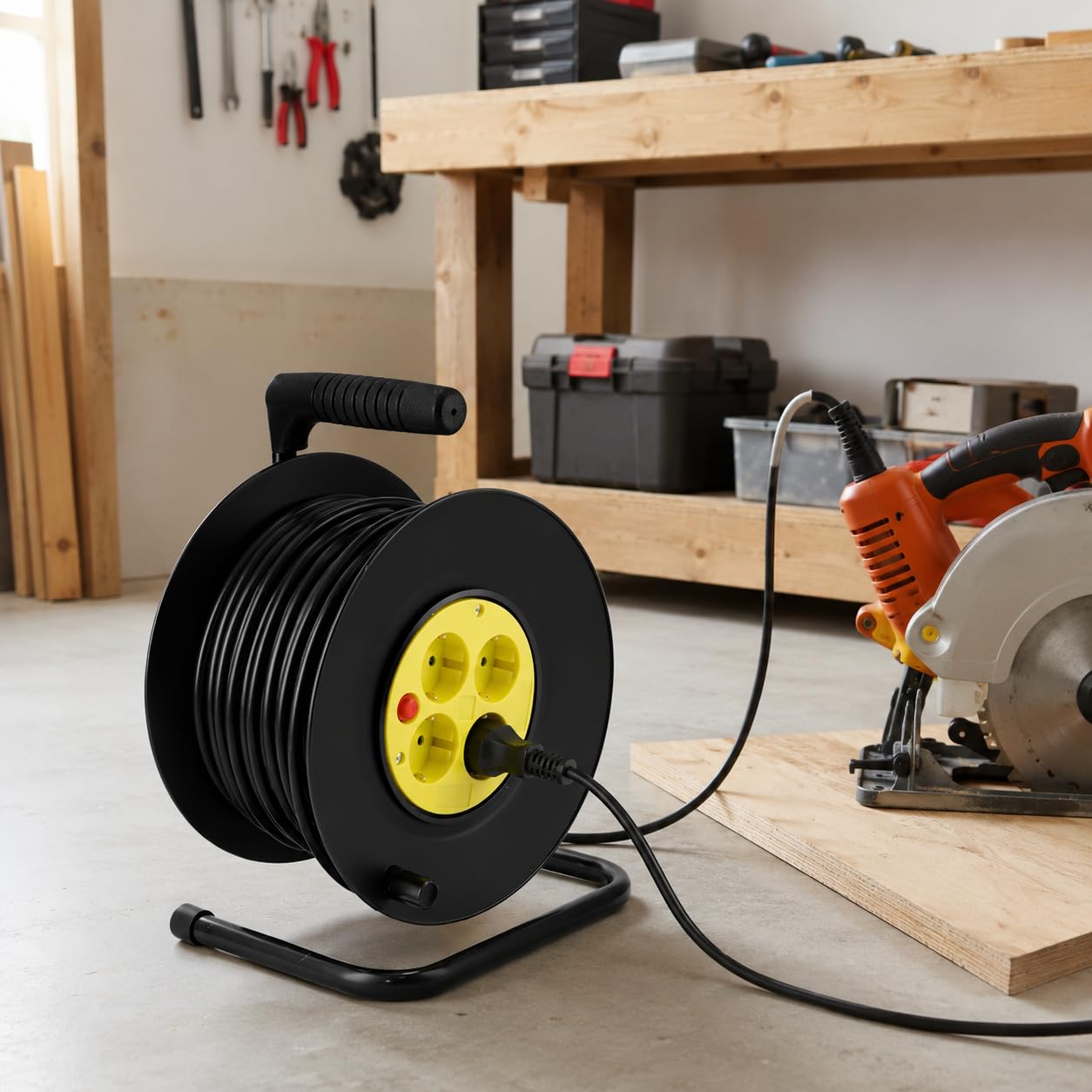 M mimotec - Kabeltrommel für den Außenbereich, 25 m, 4 Steckdosen, 3200 W, 16 A | Kabel H05VV-F 3G1,5 mm² | Kinderschutz | Verlängerungskabel für Garten, Garage und Werkstatt
