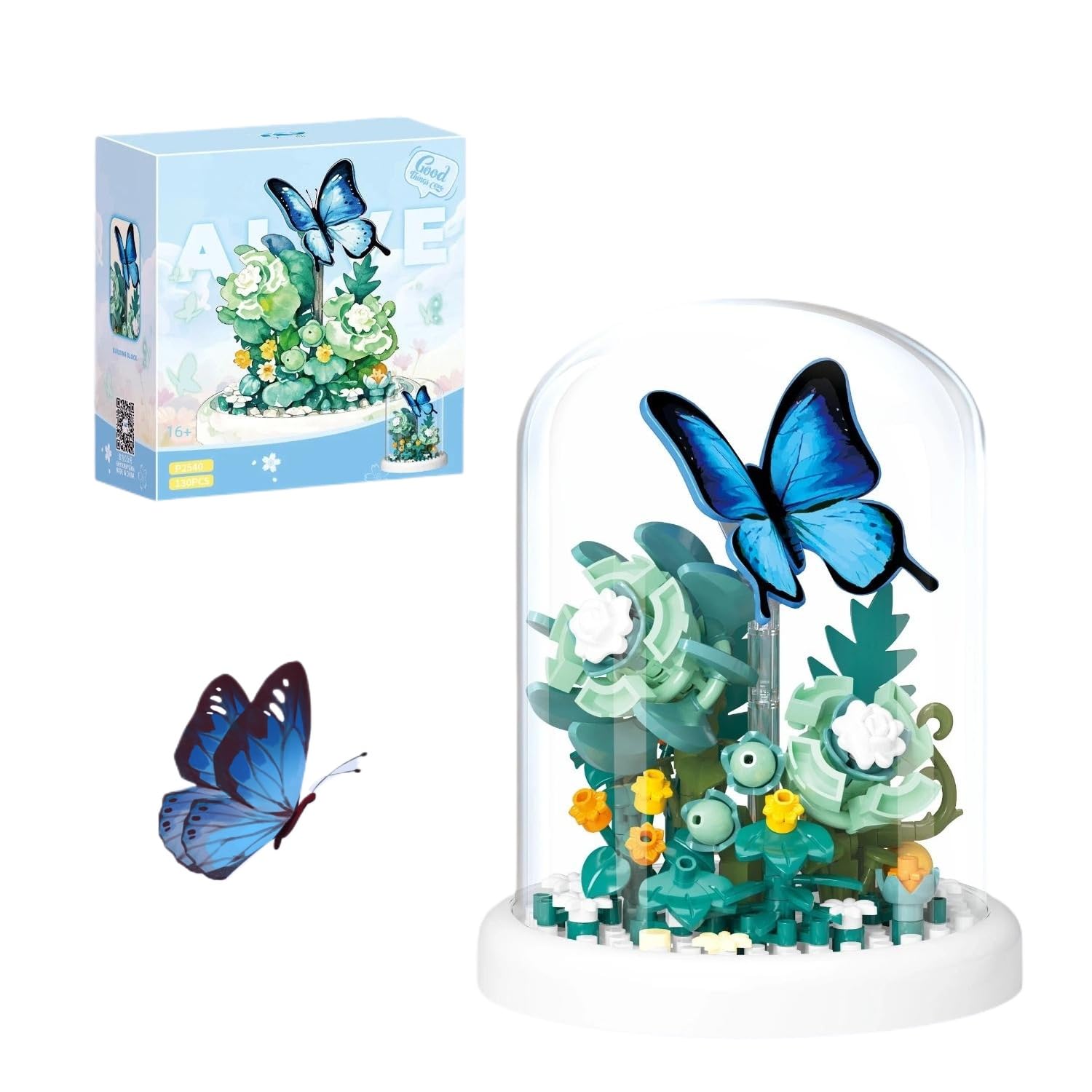 Butterfly Flower Bouquet Building Block Set, Insect Flowers Plants Decor with Dust Cover, Creative DIY Animals Plants Bonsai Collection Building Kit, Home Office Decor Gifts for Adults (Blue)