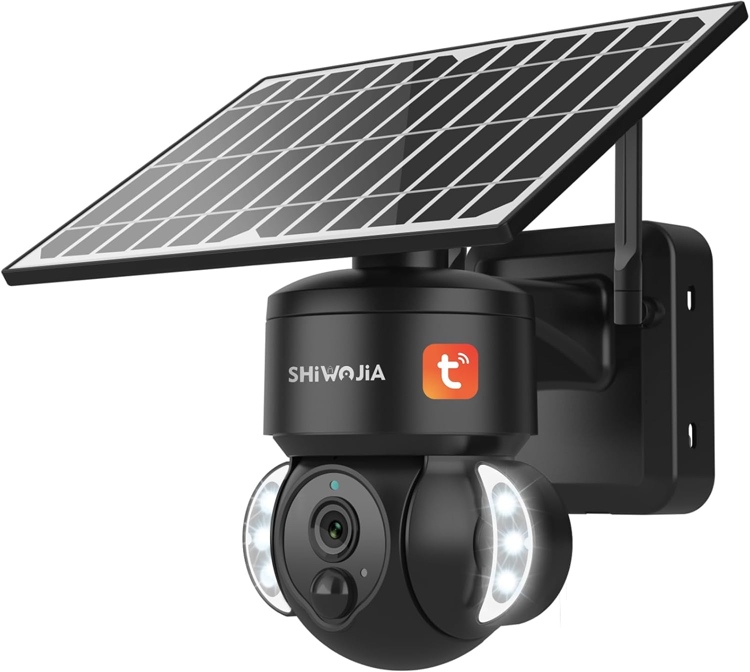 SHIWOJIA Camera Tuya Exterior, Cámara de vigilancia WiFi Solar Exterior, 3MP PTZ Cámara Exterior, Visión Nocturna Color, PIR Detección Humana, Audio Bidireccional IP66, Negro